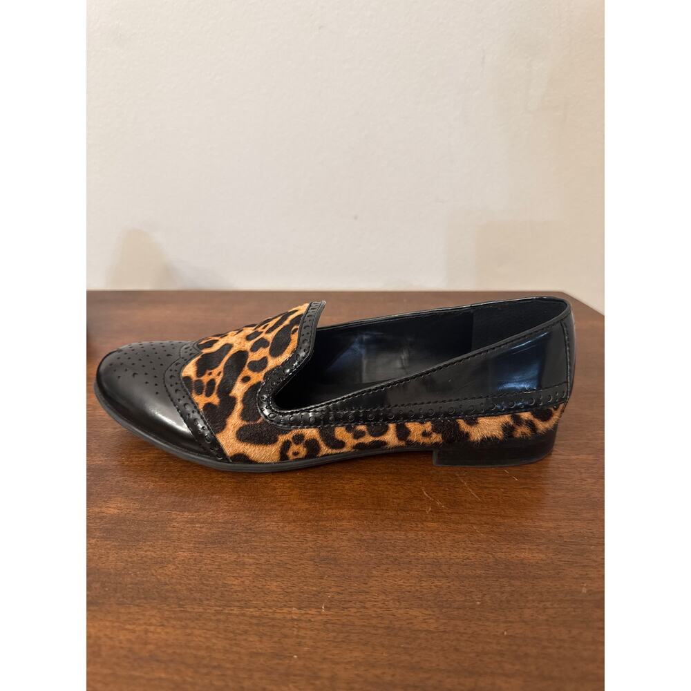 Franco Sarto Size 9 Leather Leopard Print Loafers Black Patent Brogue - Picture 4 of 9